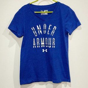 Under Armour Heat Gear Girls Blue V-Neck T-Shirt Loose Fit Size Medium